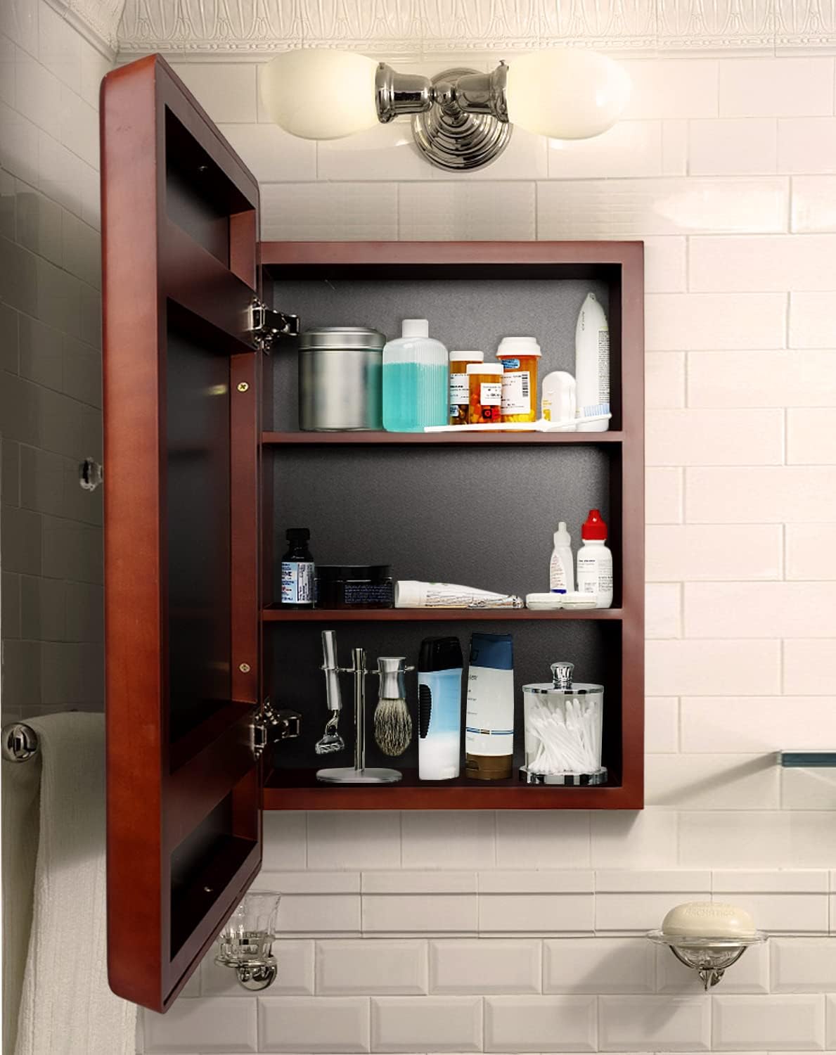 Contemporary Solid Wood Framed Medicine Cabinet Organizer with Mirror