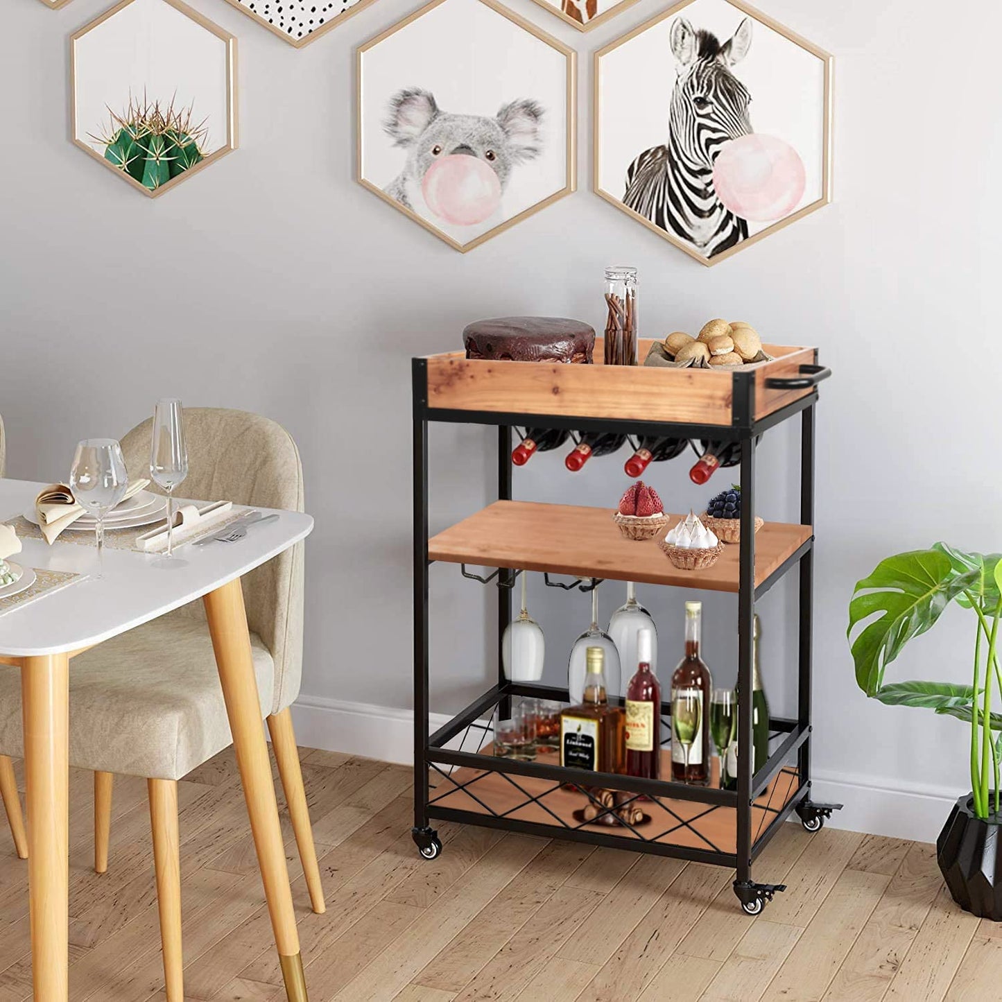 Kitchen Serving Carts Rolling Bar Cart with 3 Tier Storage Shelves