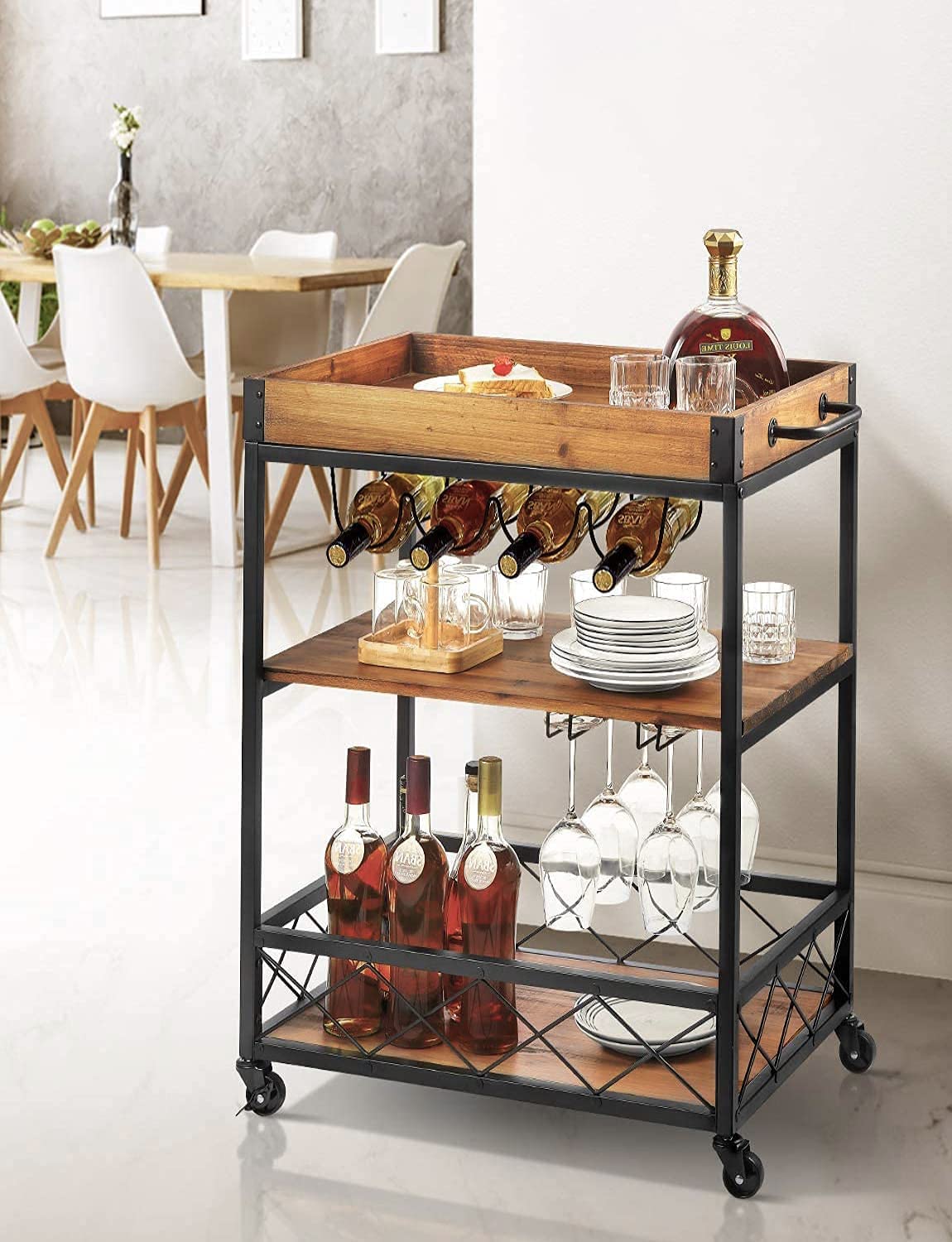 Kitchen Serving Carts Rolling Bar Cart with 3 Tier Storage Shelves