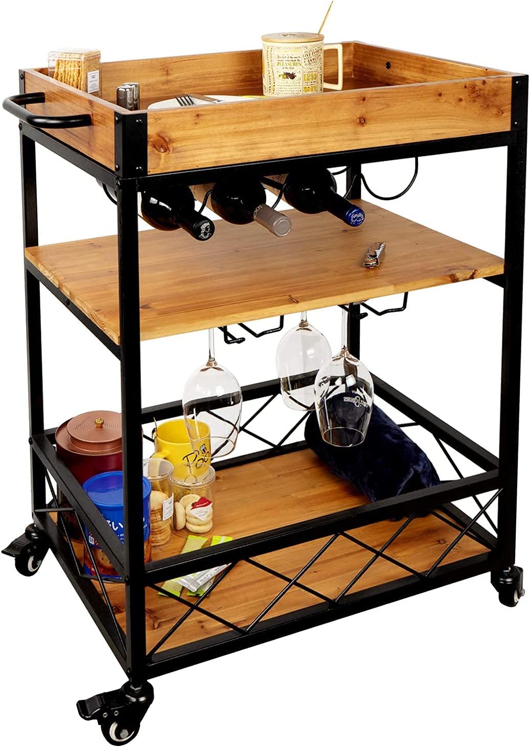 Kitchen Serving Carts Rolling Bar Cart with 3 Tier Storage Shelves