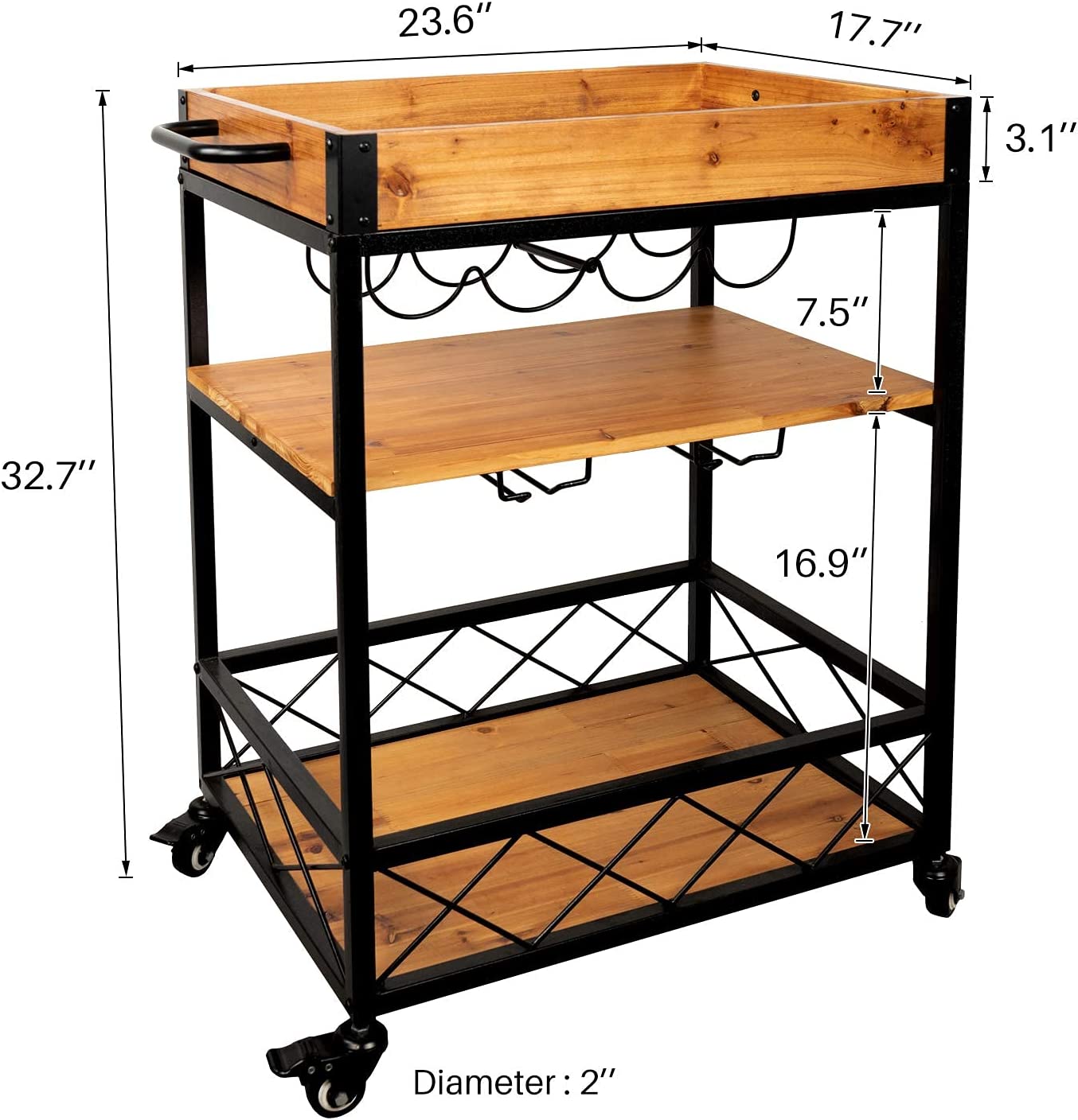 Kitchen Serving Carts Rolling Bar Cart with 3 Tier Storage Shelves